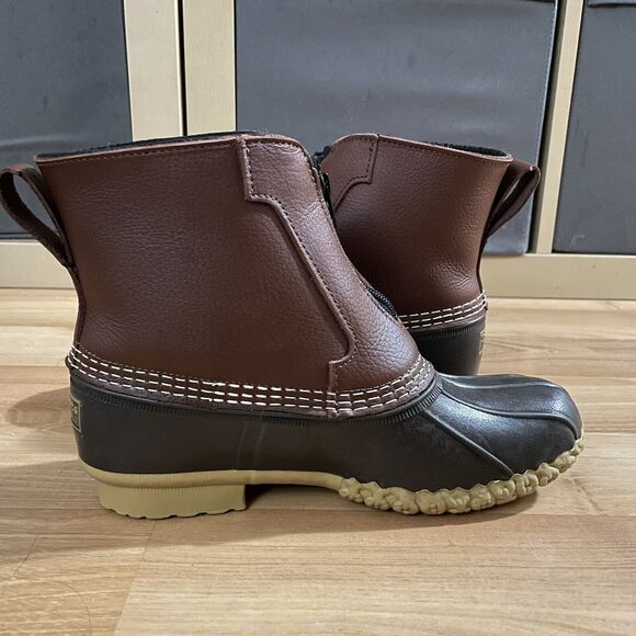 LL Bean Womens Duck Boots Sz 9 Brown Leather 7" Front Zip Fleece Lined Insulated - Picture 2 of 9